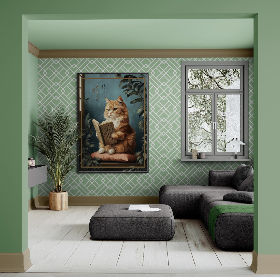 Orange Cat Reading Book Japanese Style Scholar Cat Art Poster - Image 4