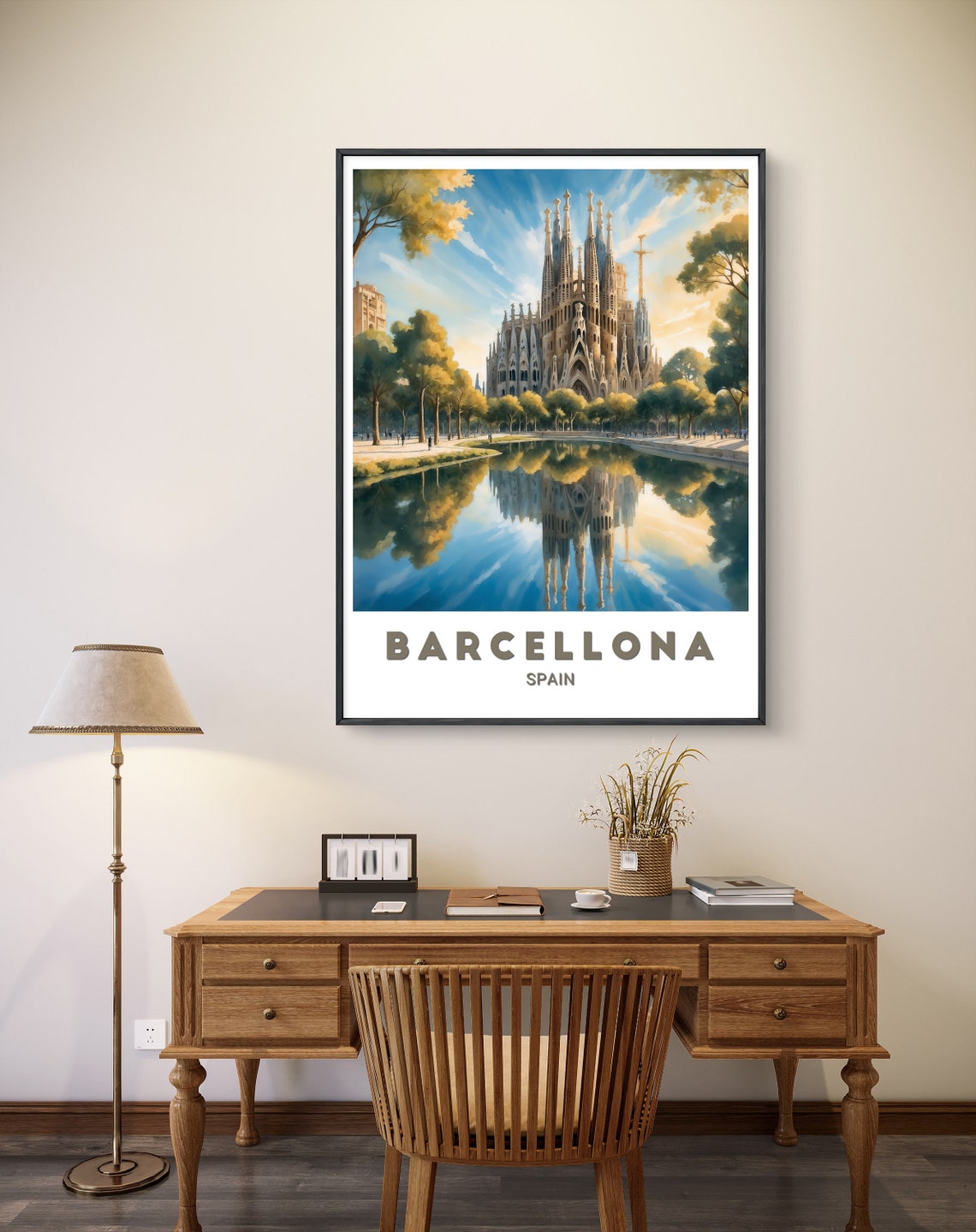 Barcelona Spain Sagrada Familia Cathedral Water Reflection Poster - Image 2