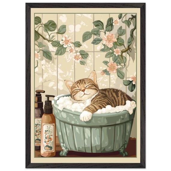 Tabby Cat Relaxing In Bubble Bath Floral Vintage Wall Poster