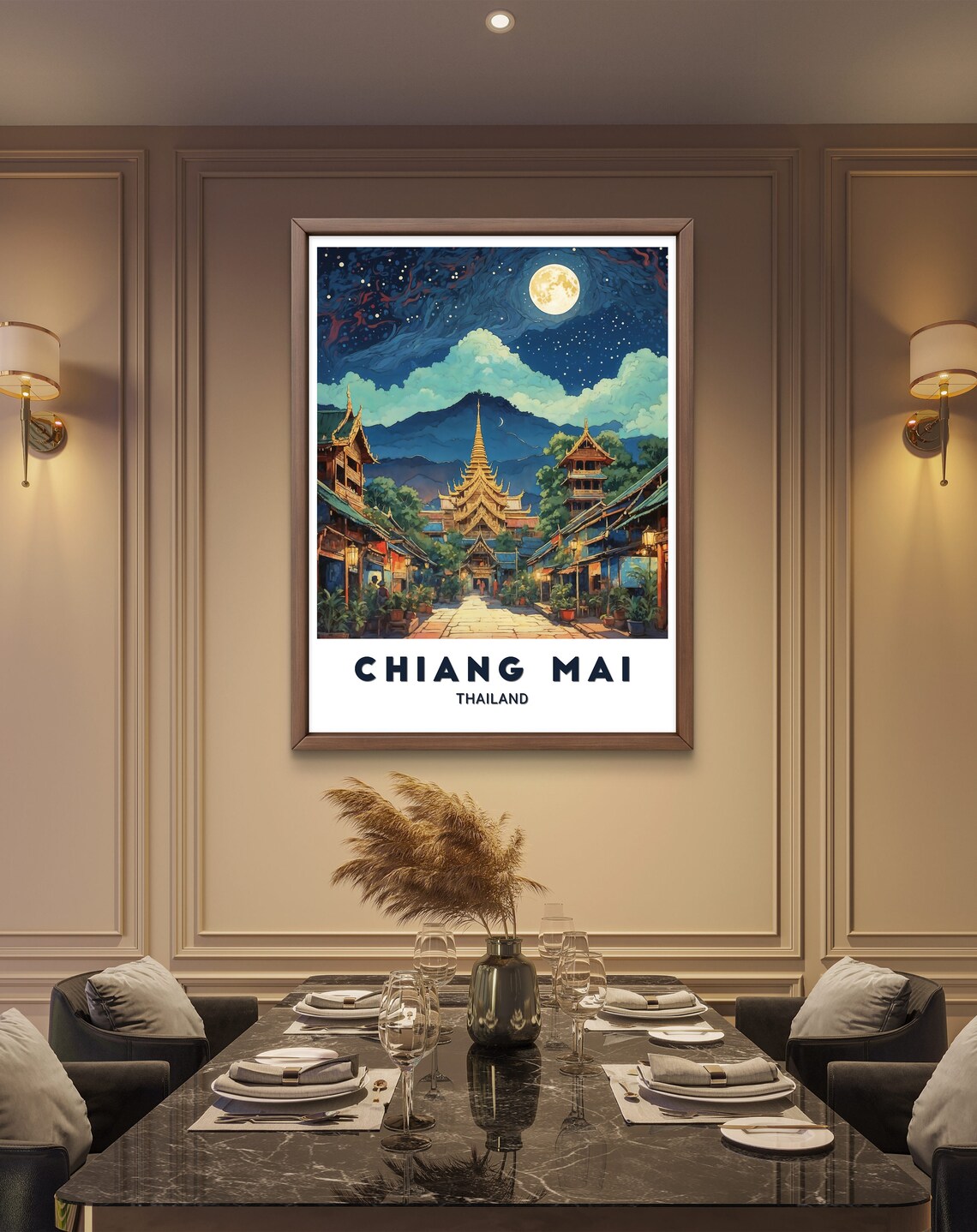 Chiang Mai Thailand Moonlit Temple And Old Street Travel Poster - Image 2