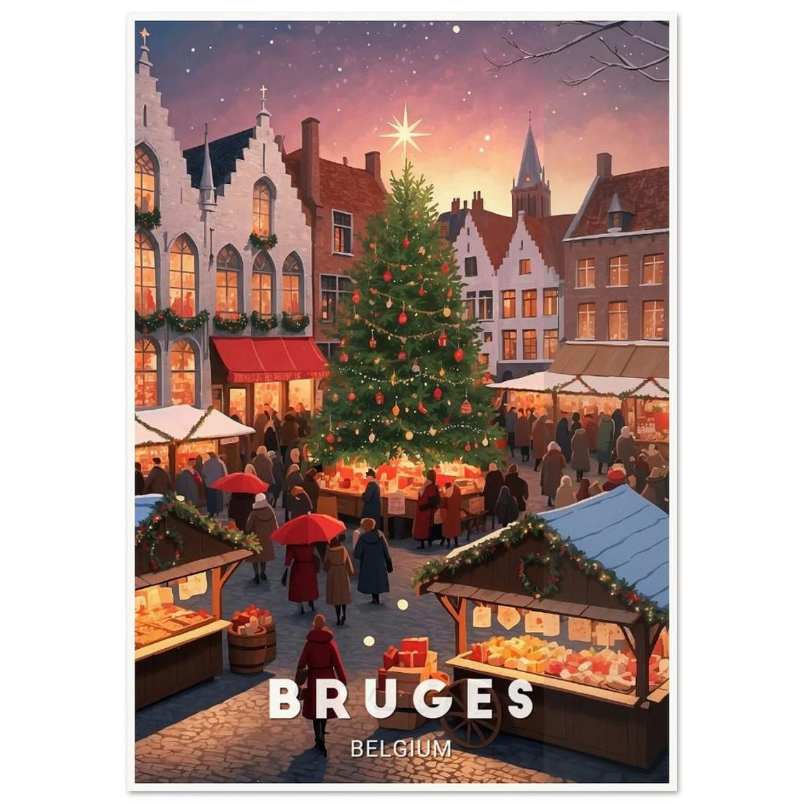 Bruges Poster Enchanting Winter Christmas Market Scene In The Heart Of Belgiums Fairytale City Perfect For Home Dcor
