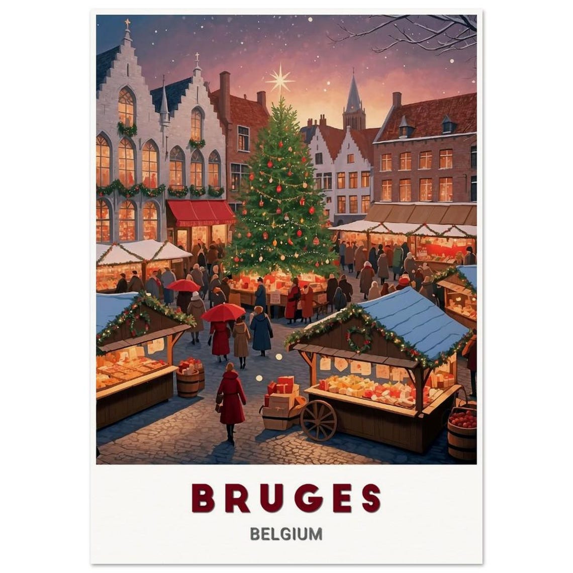 Bruges Belgium Christmas Market Tree Lights Evening Magic Poster
