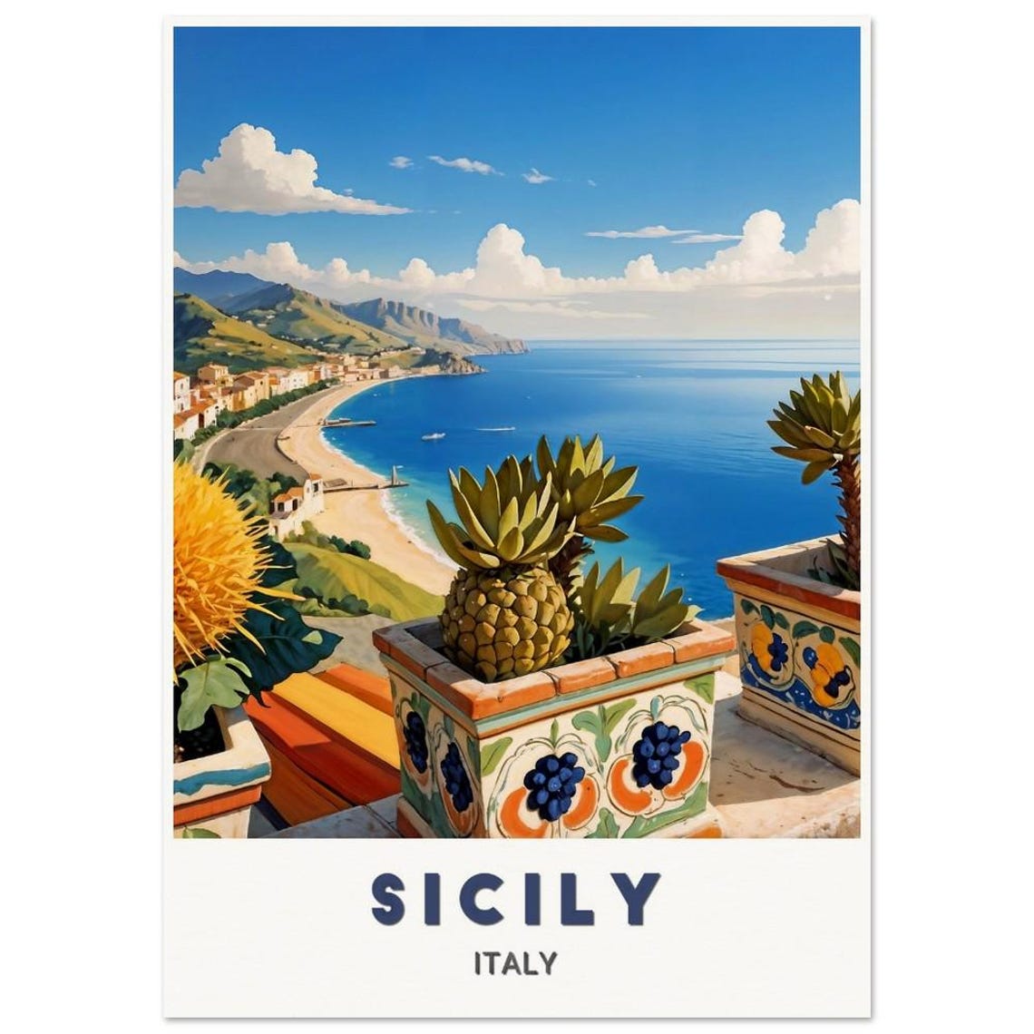Sicily Coastal Bay Beach Pineapple Ceramic Italy Travel Poster