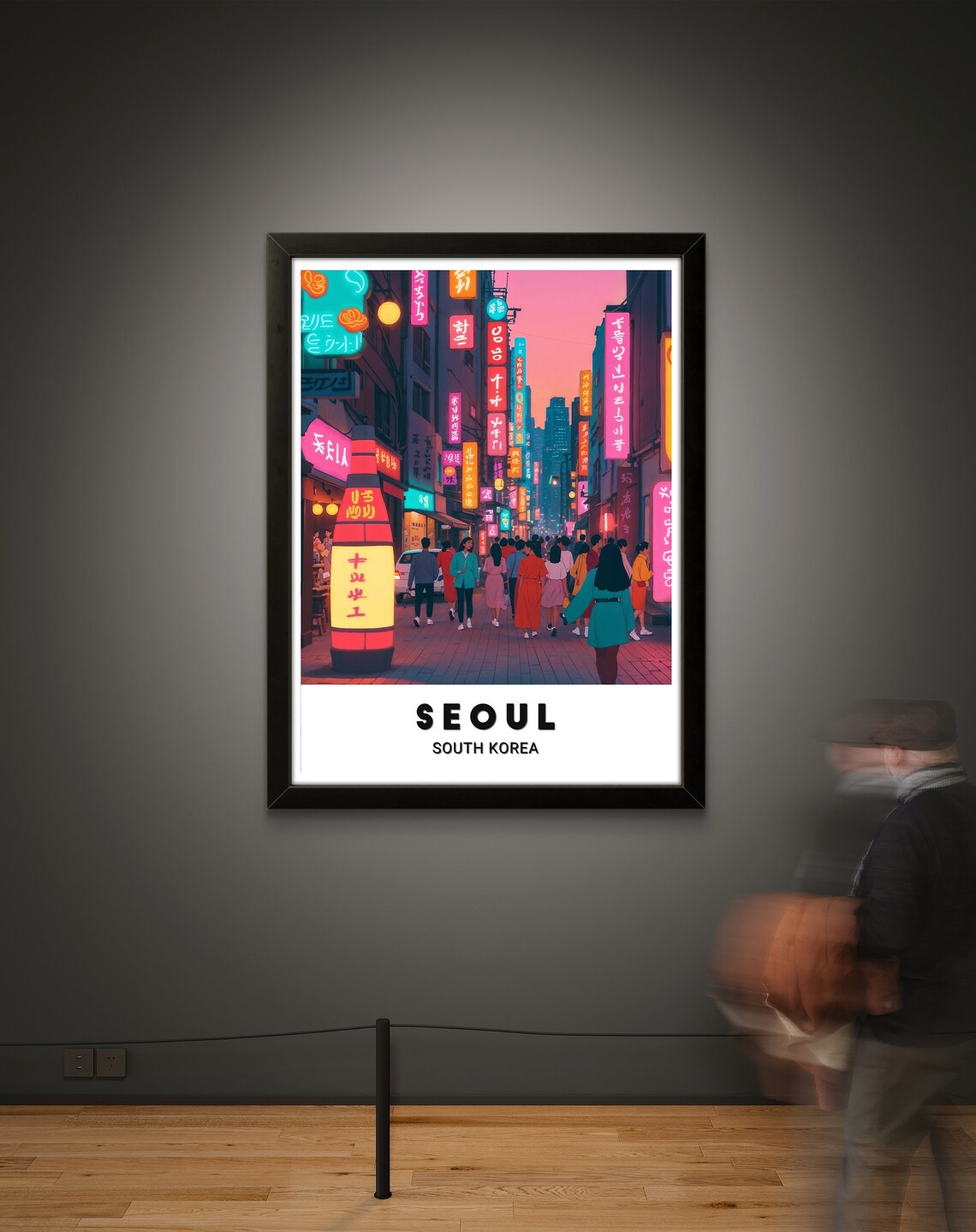 Seoul South Korea Neon Street Night Crowd City Lights Travel Poster