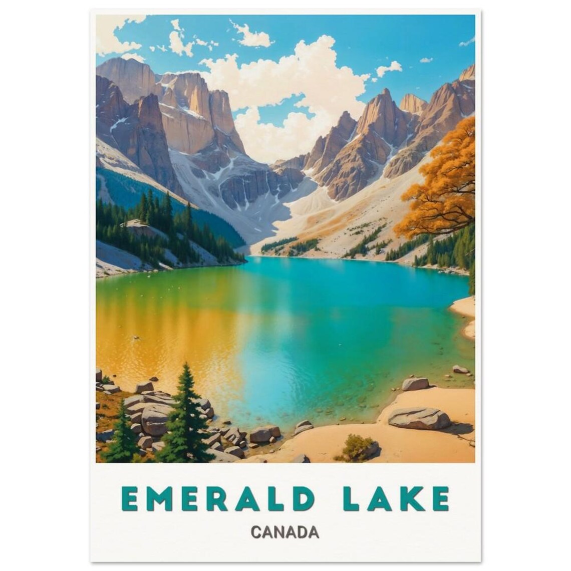 Emerald Lake Canada Golden Autumn Shore Turquoise Bay Poster