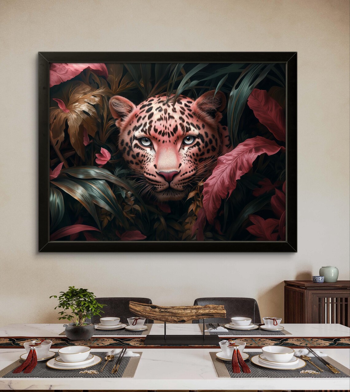 Pink Leopard Peeking Through Dark Leaves Whimsical Art Poster - Image 2