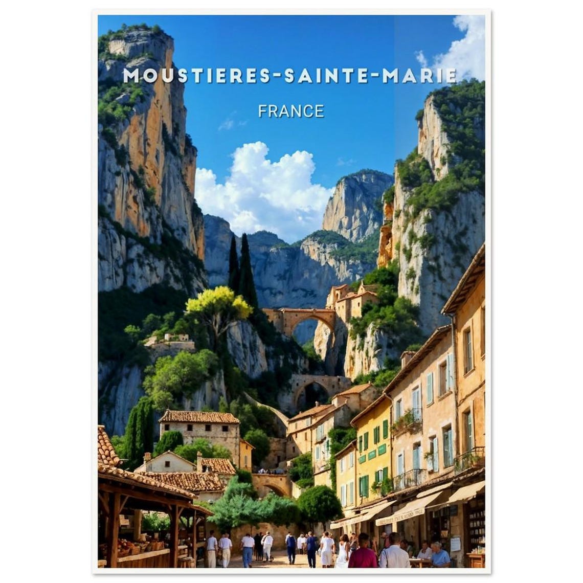 Moustieres-Sainte-Marie Cliffside Village France Travel Poster
