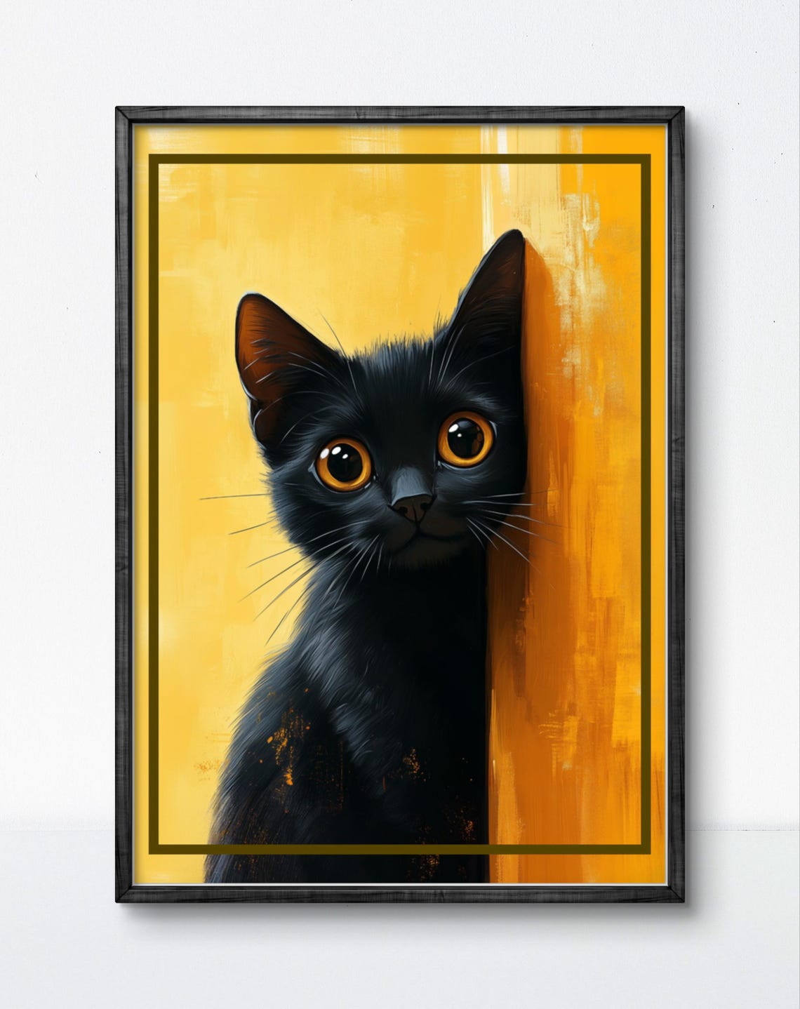 Black Cat Peeking Against Golden Yellow Painted Backdrop Poster