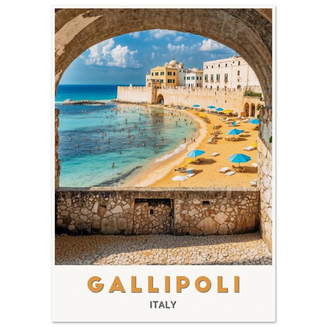 Gallipoli Beach Old Town Walls Stone Arch Italy Travel Poster