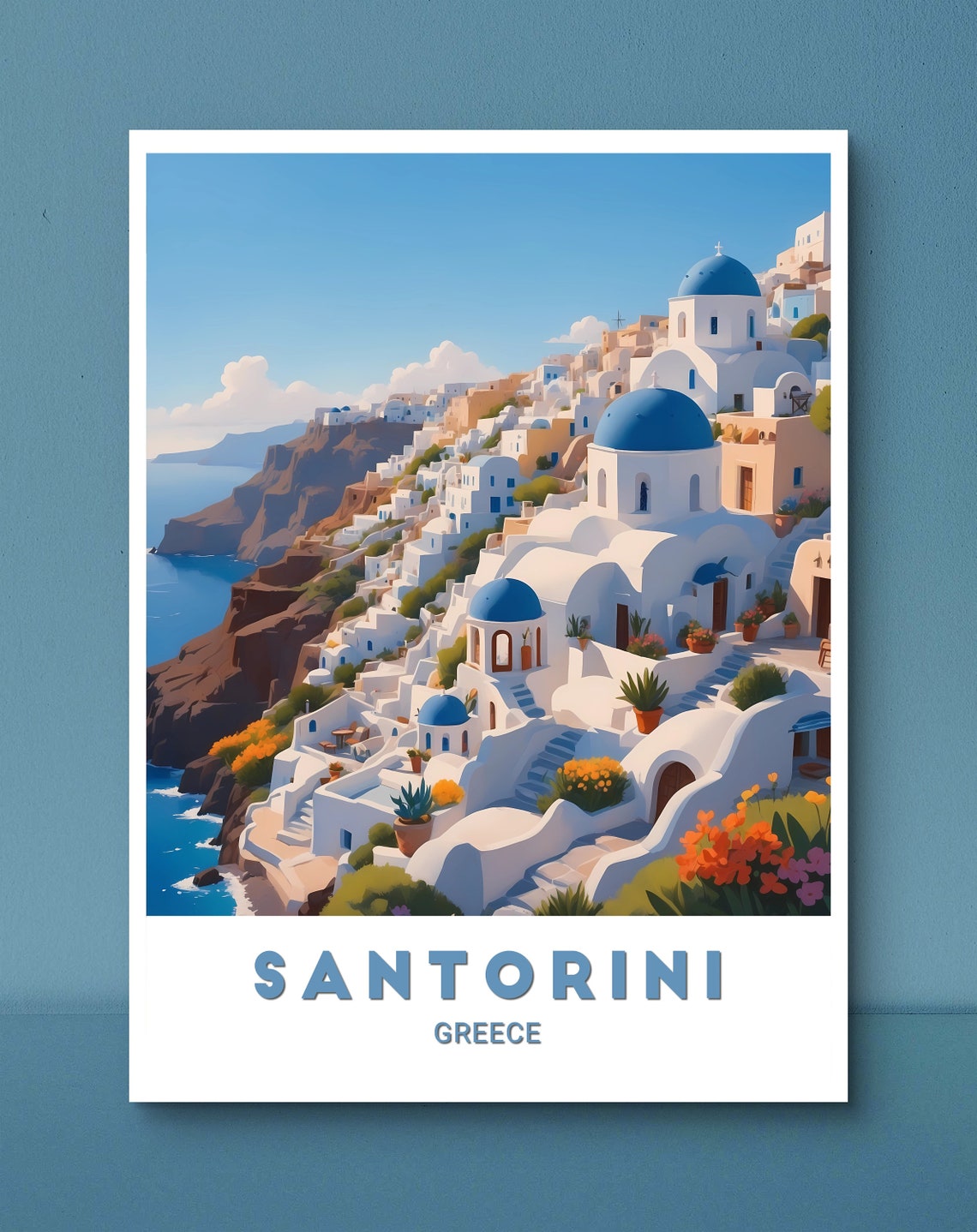 Santorini Greece Blue Domed Churches Aegean Cliffside Poster