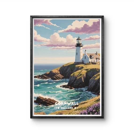 Cornwall Lighthouse Vintage Poster Coastal Art Print With Seascape And Cliff Views England Wall Decor Cornwall Travel Poster