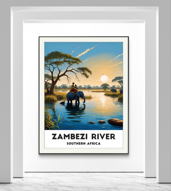 Zambezi River Southern Africa Elephant River Sunset Travel Poster
