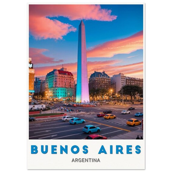 Buenos Aires City Obelisk Sunset Colorful Skyline Travel Poster