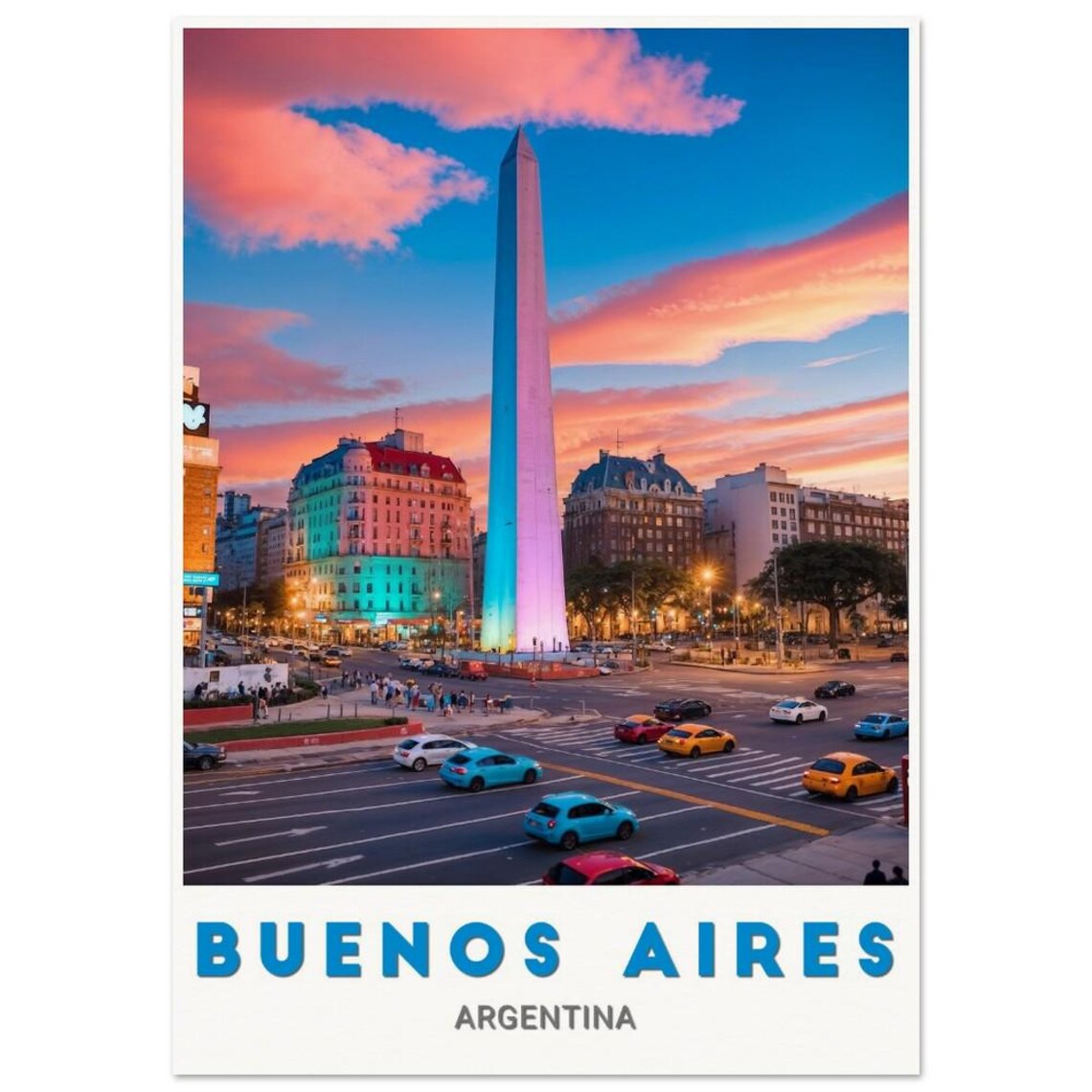 Buenos Aires City Obelisk Sunset Colorful Skyline Travel Poster