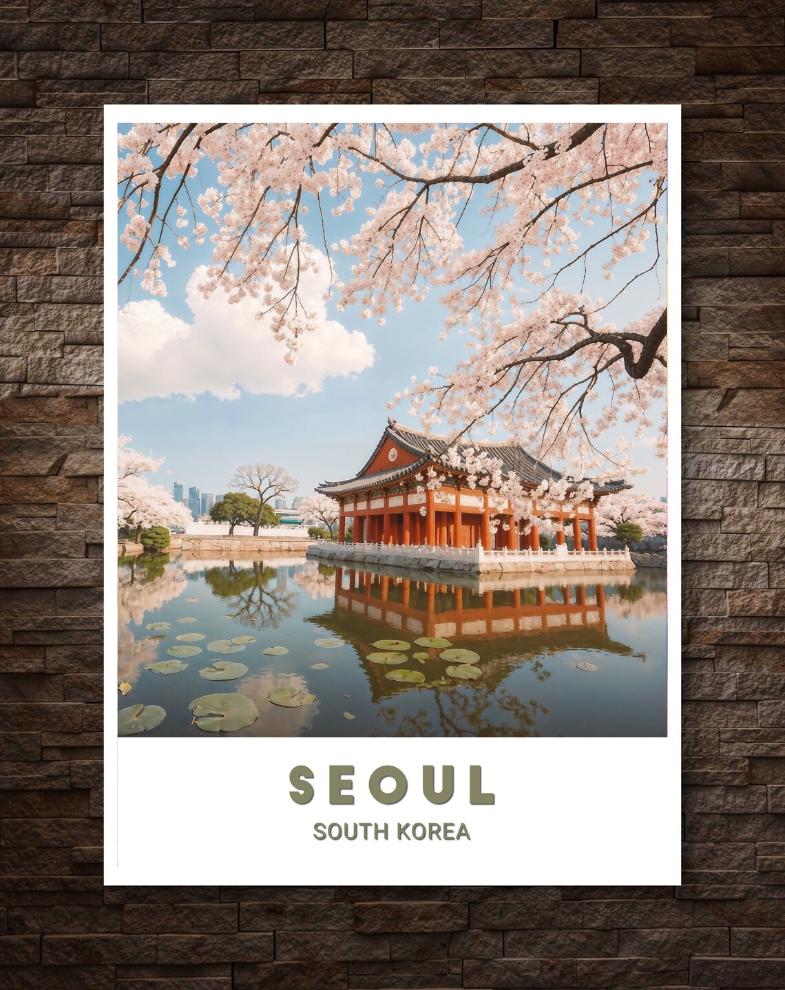 Seoul South Korea Cherry Blossom Pavilion Pond Travel Poster - Image 3