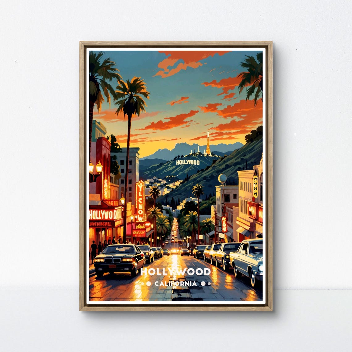 Hollywood Sign Poster California Retro Print Vintage La Boulevard Art Hollywood Street Scene Socal Film Poster Usa Movie City Print