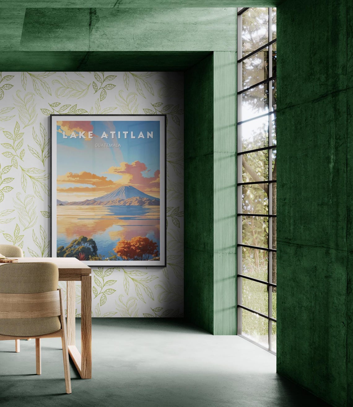 Lake Atitlan Volcano Sunset Reflection Guatemala Travel Poster