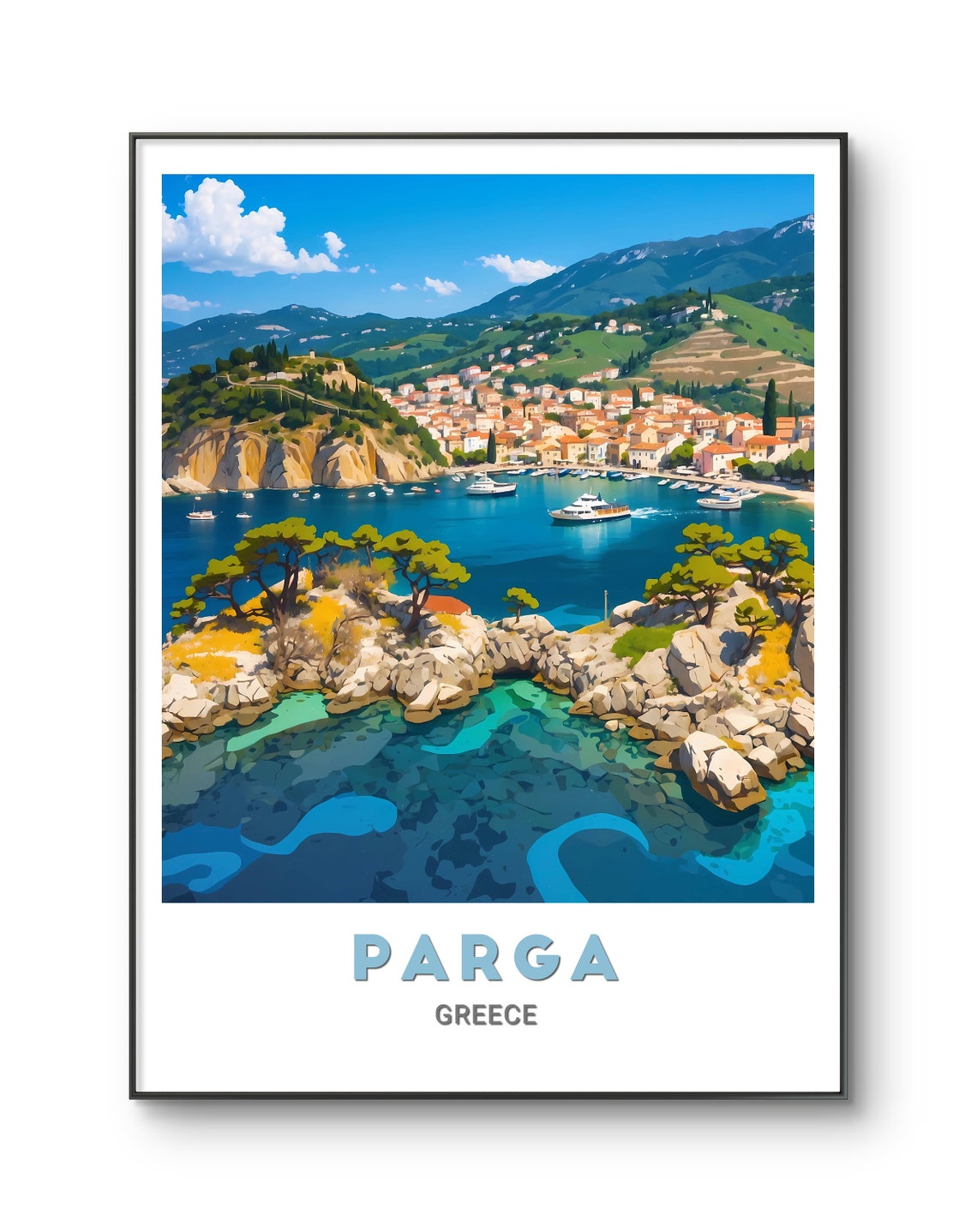 Parga Coastal Harbor Town Blue Bay Mountain Greece Travel Poster