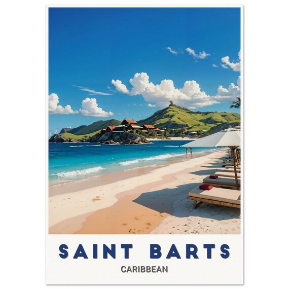 Saint Barts Caribbean Sandy Beach Loungers Tropical Travel Poster