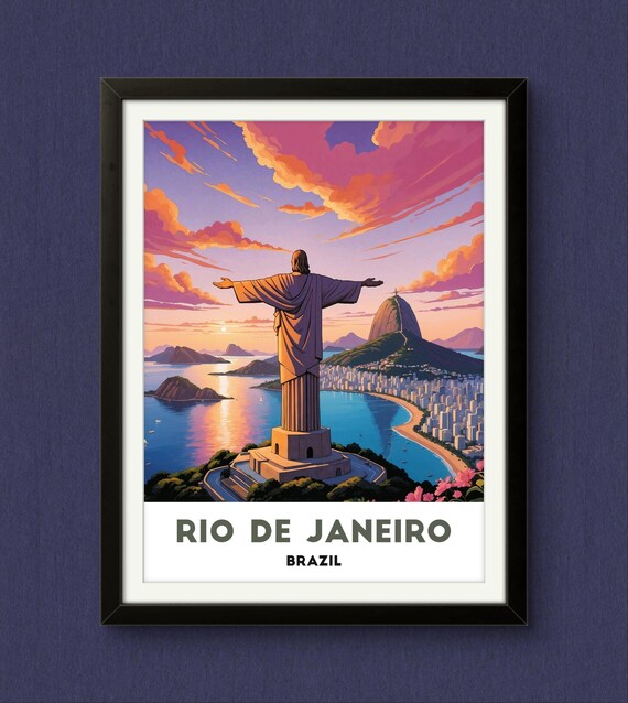 Rio de Janeiro Christ the Redeemer Over the Bay Sunset Travel Poster