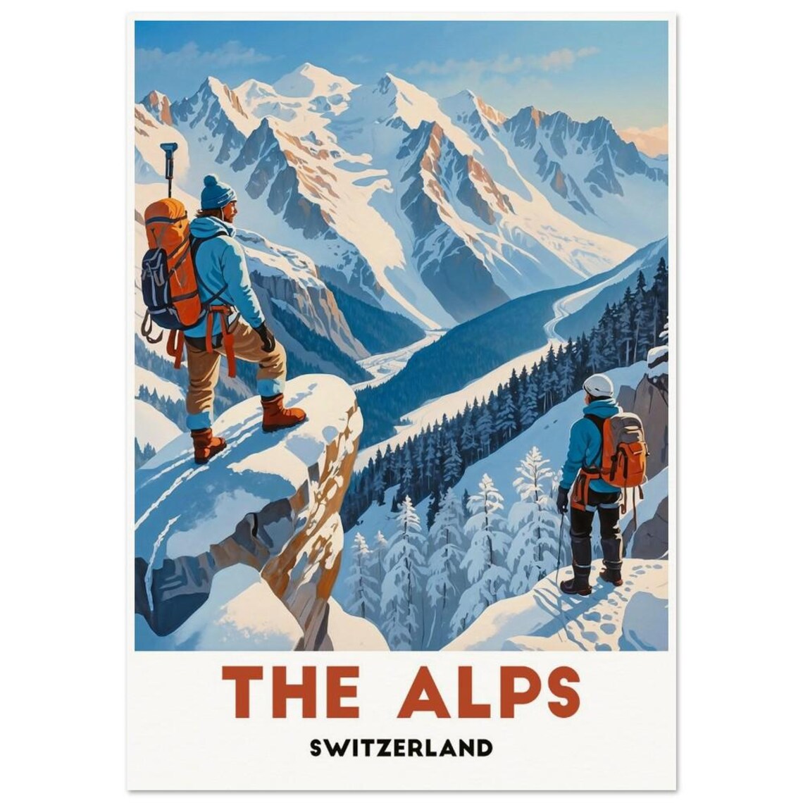 The Alps Switzerland Snowy Peaks Hikers Adventure Travel Poster - Image 3