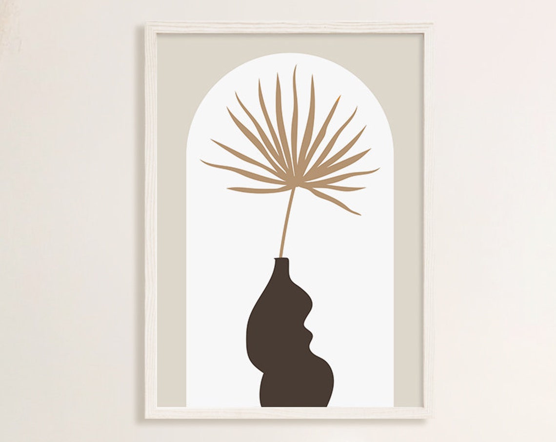 Gold Palm Frond Dark Vase Boho Minimalist Botanical Wall Art