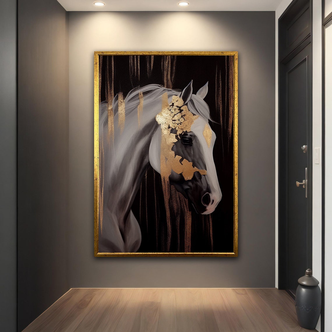 White Horse Gold Leaf Portrait Black Background Luxury Art Print