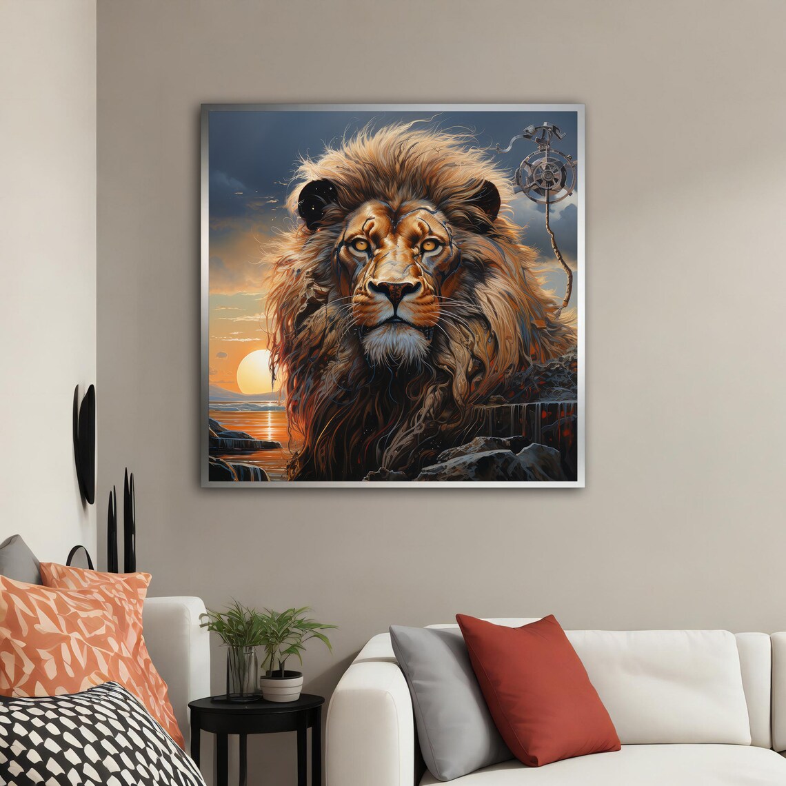Majestic Lion Sunset Ocean Steampunk Gear Regal Animal Art Poster - Image 2