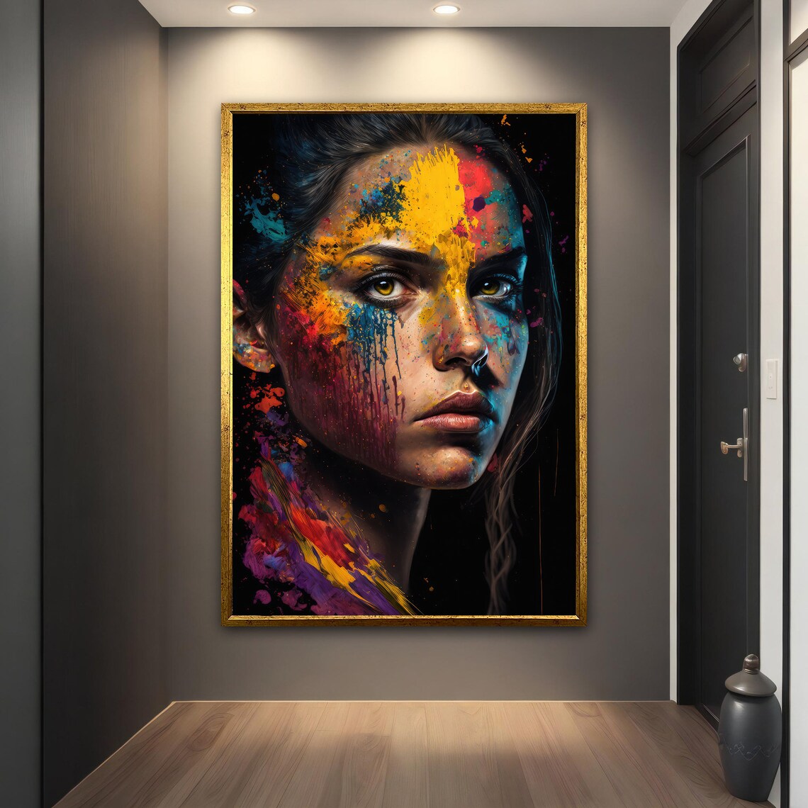 Paint Splash Woman Face Colorful Drips Black Background Art Poster - Image 4