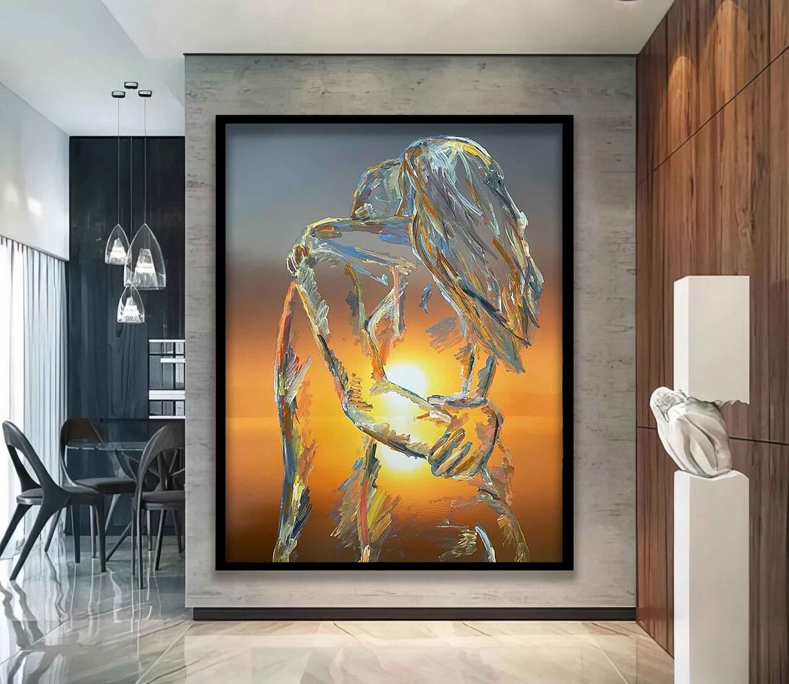 Embracing Couple Silhouette Sunset Double Exposure Love Art Poster - Image 5