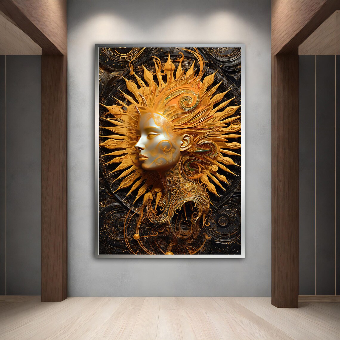Golden Sun Goddess Radiant Face Baroque Flame Hair Black Art Poster - Image 5