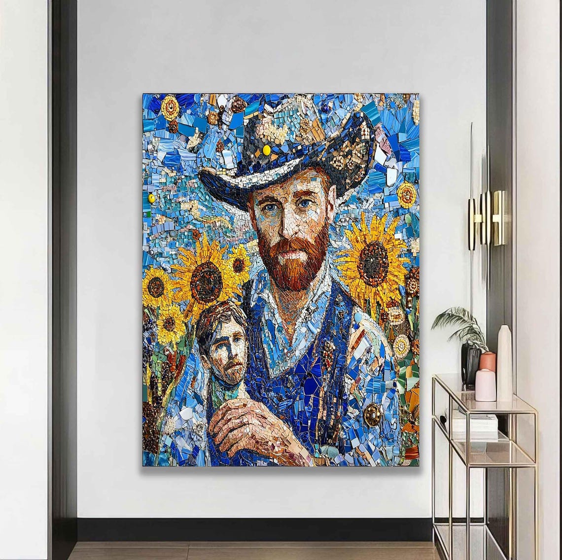 Van Gogh Mosaic Portrait Sunflowers Blue Tile Art Wall Poster