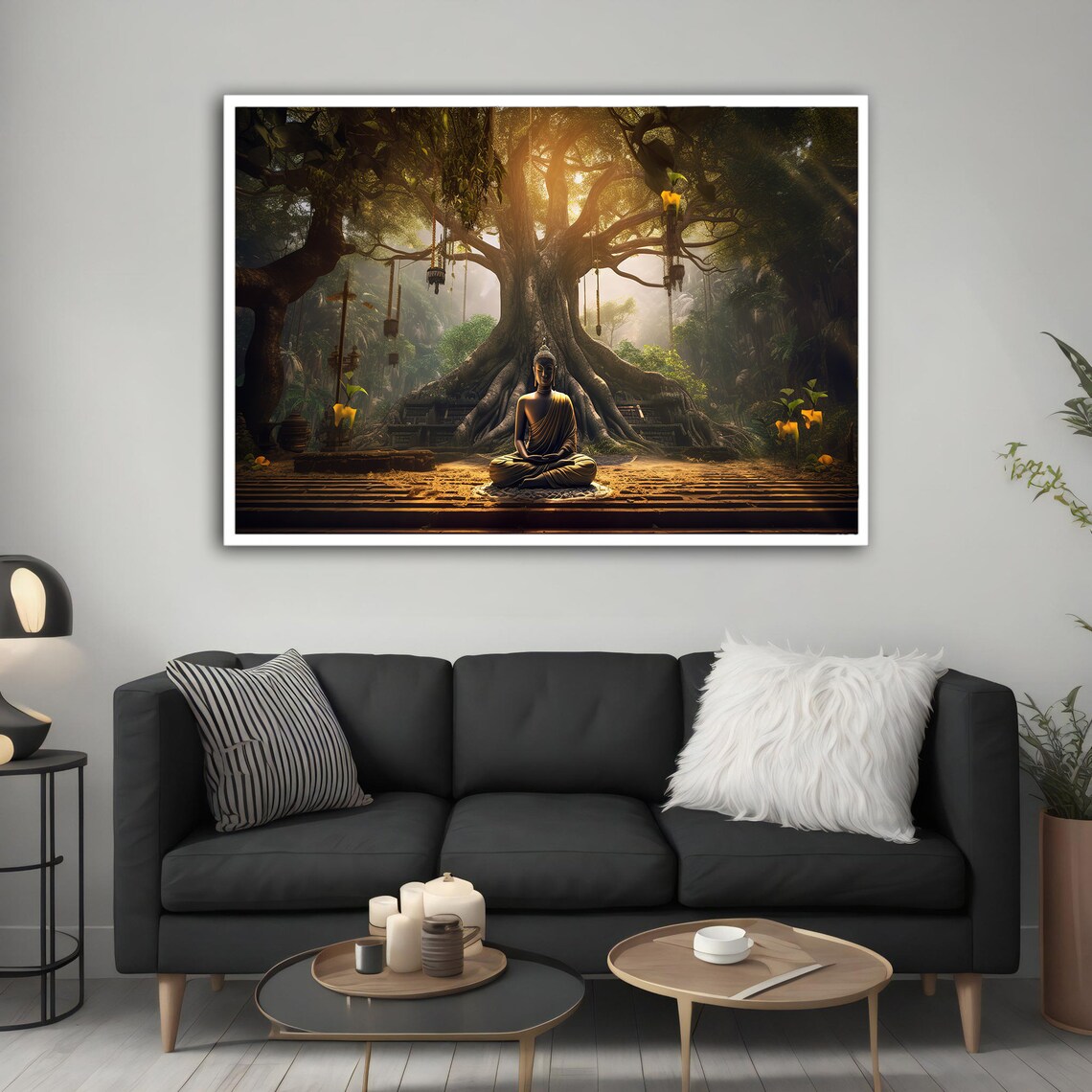 Buddha Meditating Under Banyan Tree Golden Temple Light Wall Art Poster - Image 3