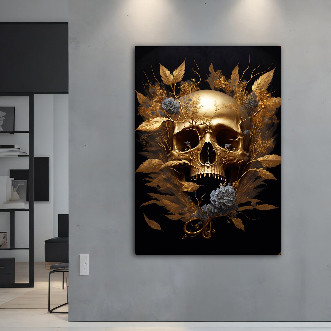Golden Skull Gold Leaves Blue Flowers Black Luxurious Macabre Art Poster - Image 4