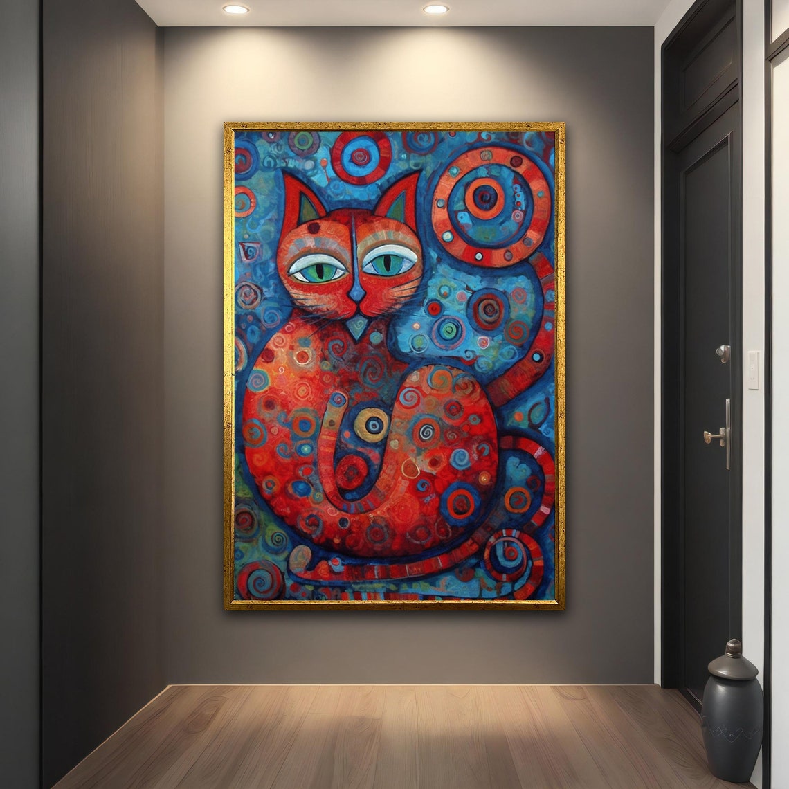 Red Cat Green Eyes Whimsical Blue Swirl Animal Wall Art Poster - Image 2