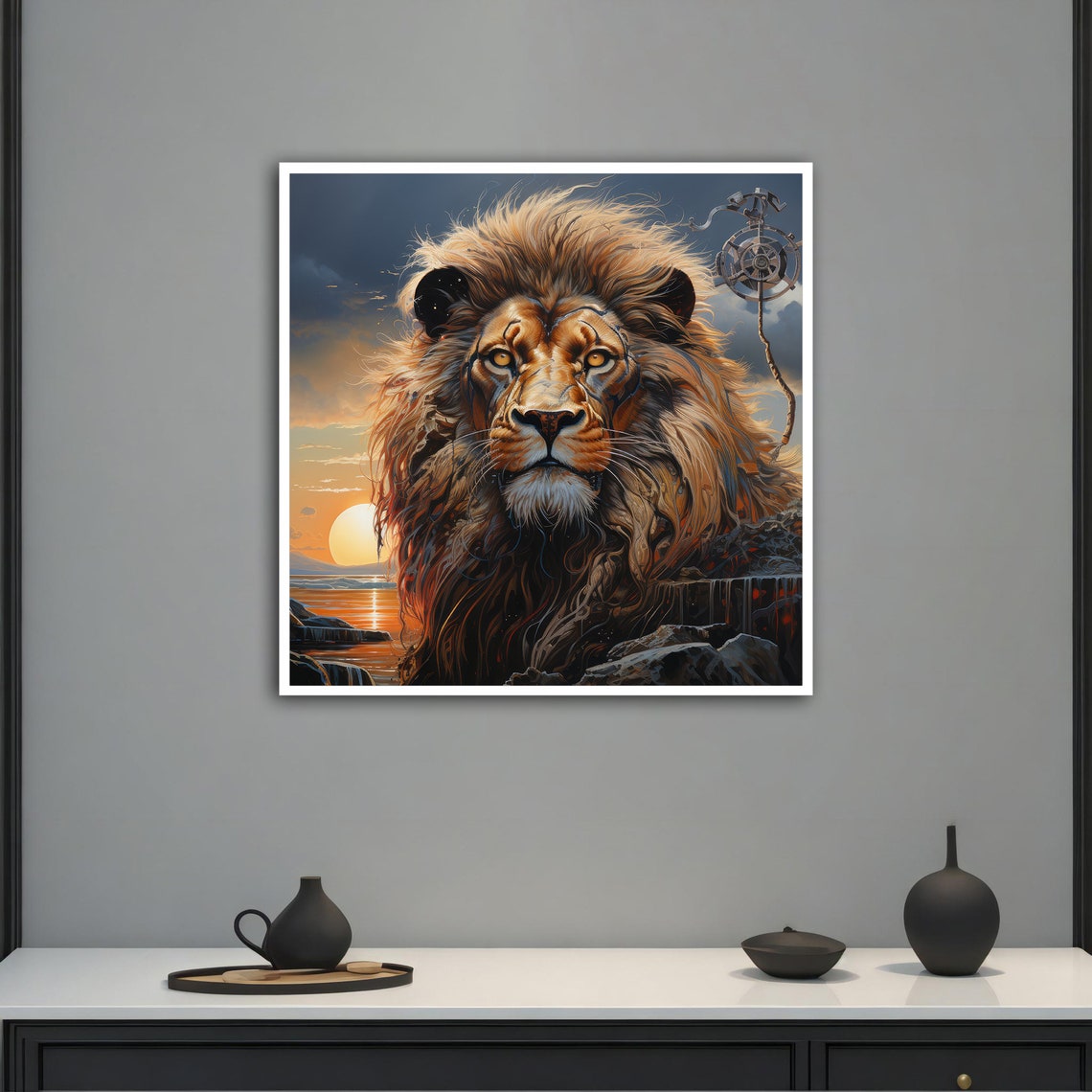 Majestic Lion Sunset Ocean Steampunk Gear Regal Animal Art Poster - Image 5