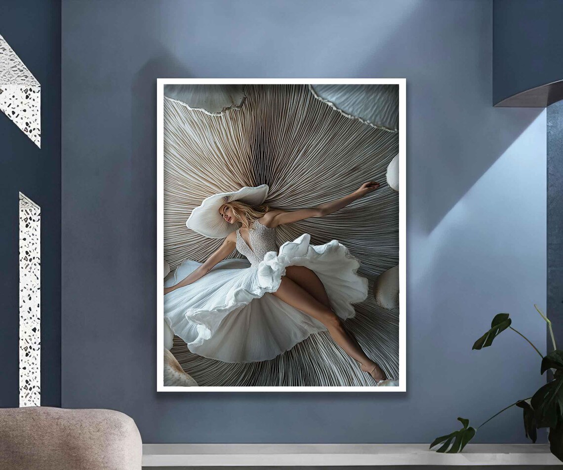 Woman In White Dress Big Hat Dancing Shell Background Modern Art Poster - Image 2