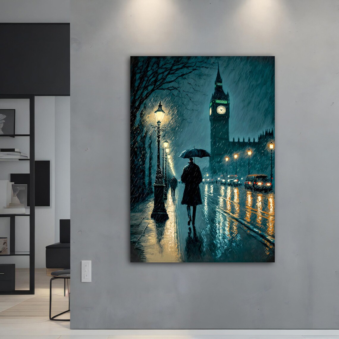 Big Ben London Rainy Night Umbrella Street Lamps Moody Travel Poster - Image 3