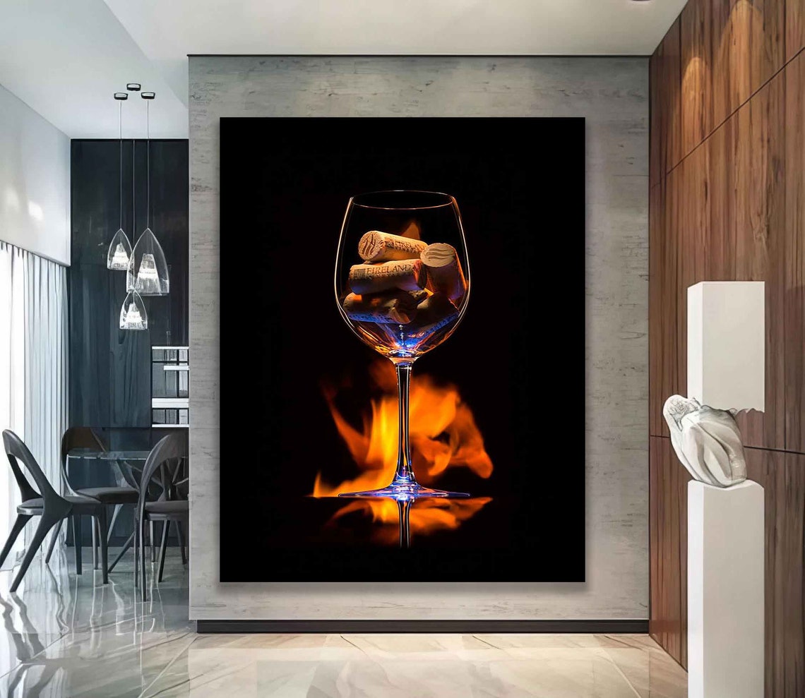 Wine Glass Filled With Corks Over Flames Dramatic Photo Art Poster - Image 4