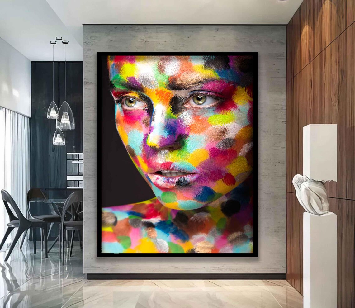 Rainbow Face Paint Woman Portrait Multicolor Splatter Abstract Art Poster - Image 4