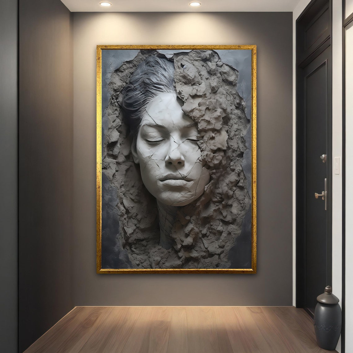 3D Plaster Woman Face Emerging Cracked Concrete Sculpture Art Poster - Image 2