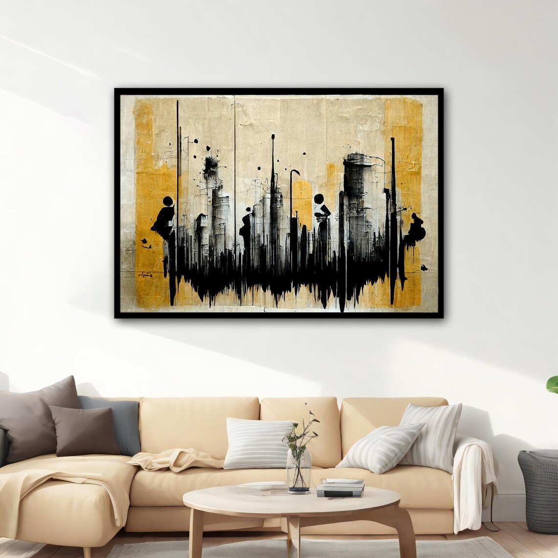 Abstract Black Graffiti Strokes Gold Beige Textured Modern Art Poster