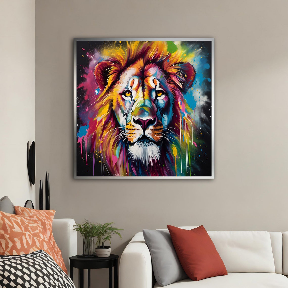 Colorful Graffiti Lion Head Black Background Rainbow Paint Poster - Image 2