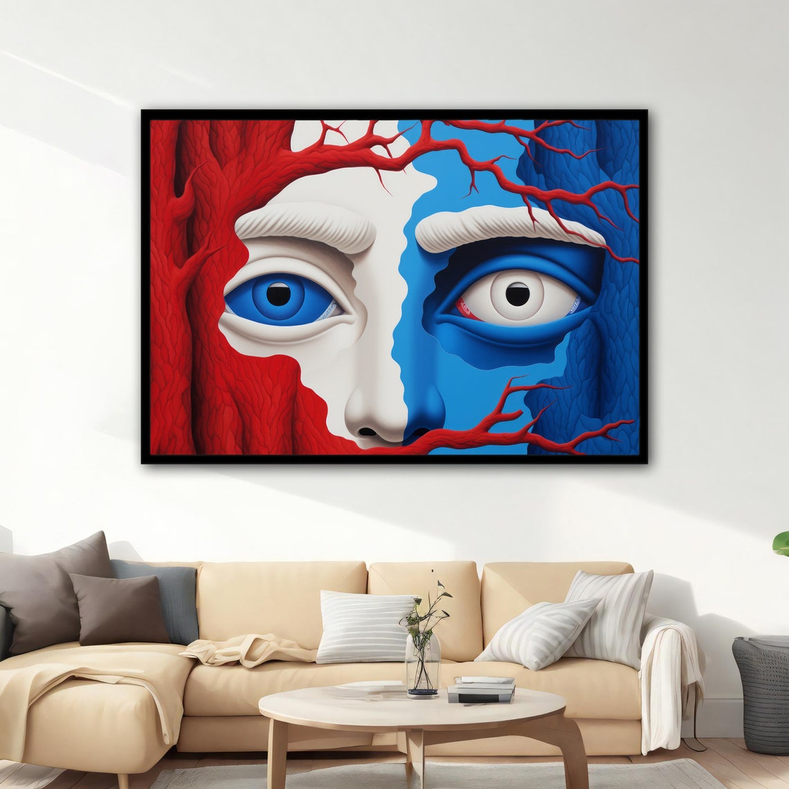 Surreal Face Red Blue Split Tree Branch Eyes Modern Fantasy Art Poster - Image 4