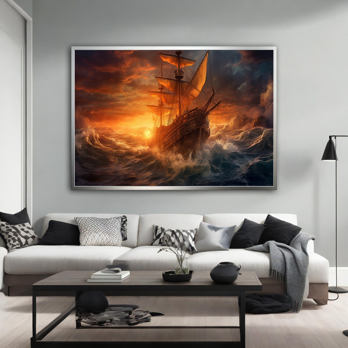Tall Ship Stormy Ocean Waves Golden Sunset Epic Maritime Art Poster - Image 5