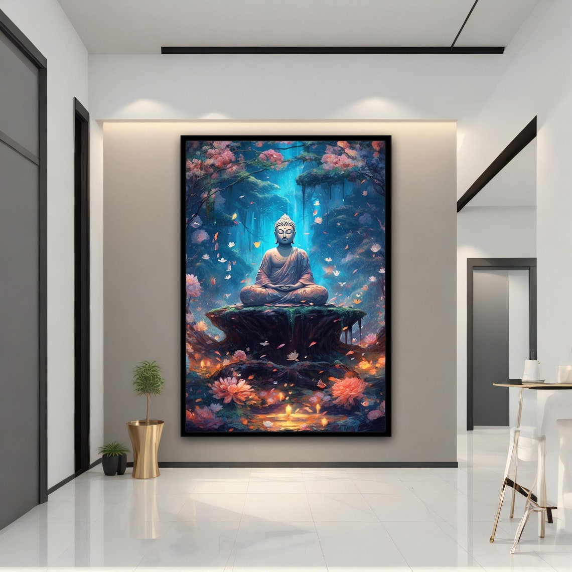 Buddha Meditating in Glowing Jungle Waterfall Serene Art Print - Image 4