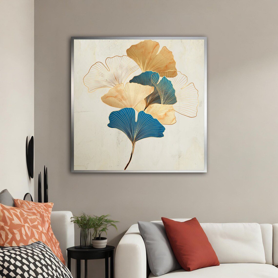 Blue and Gold Ginkgo Leaves Line Art Elegant Botanical Wall Poster - Image 5