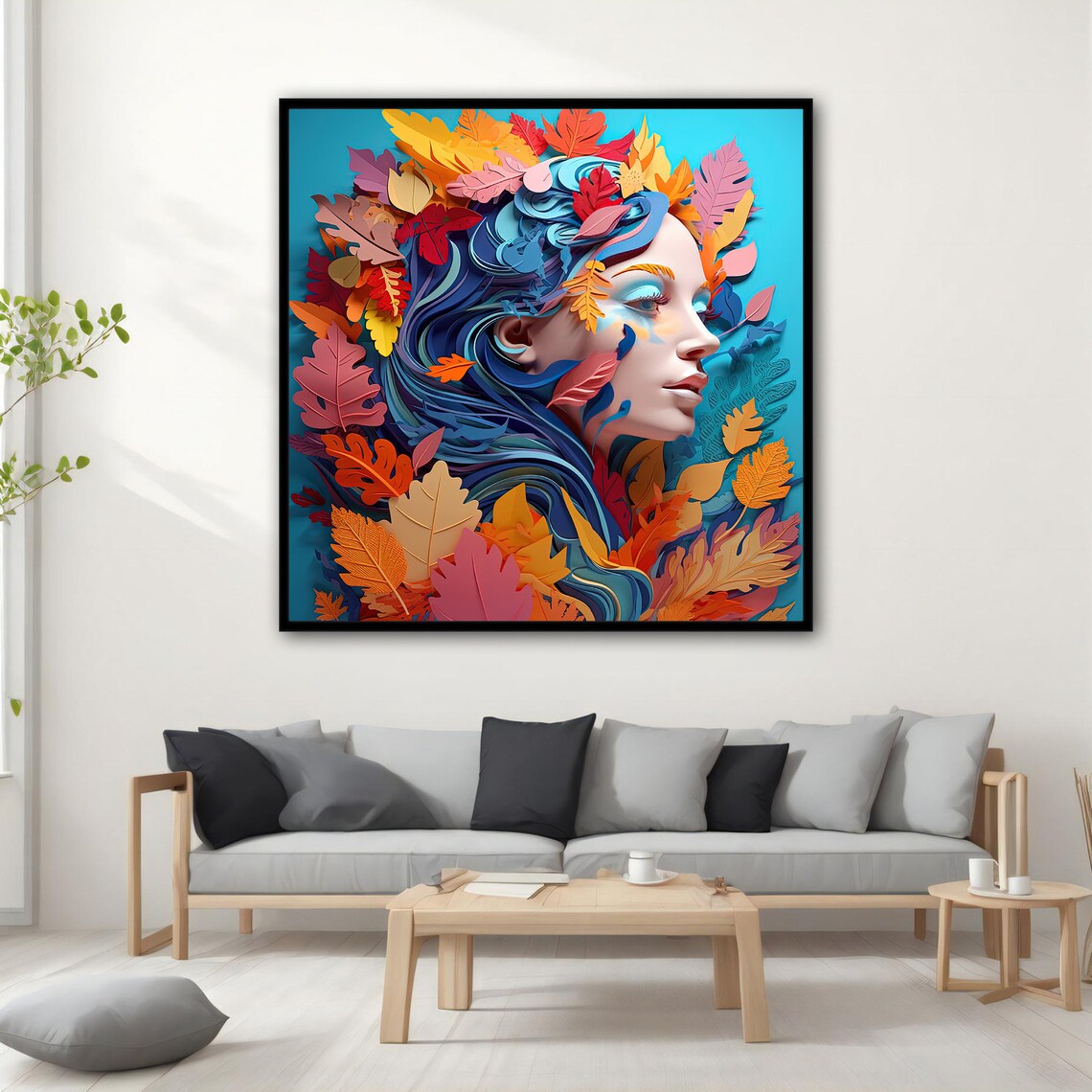 Colorful Paper Cut Autumn Leaves Woman With Flowing Blue Hair Poster - Image 3