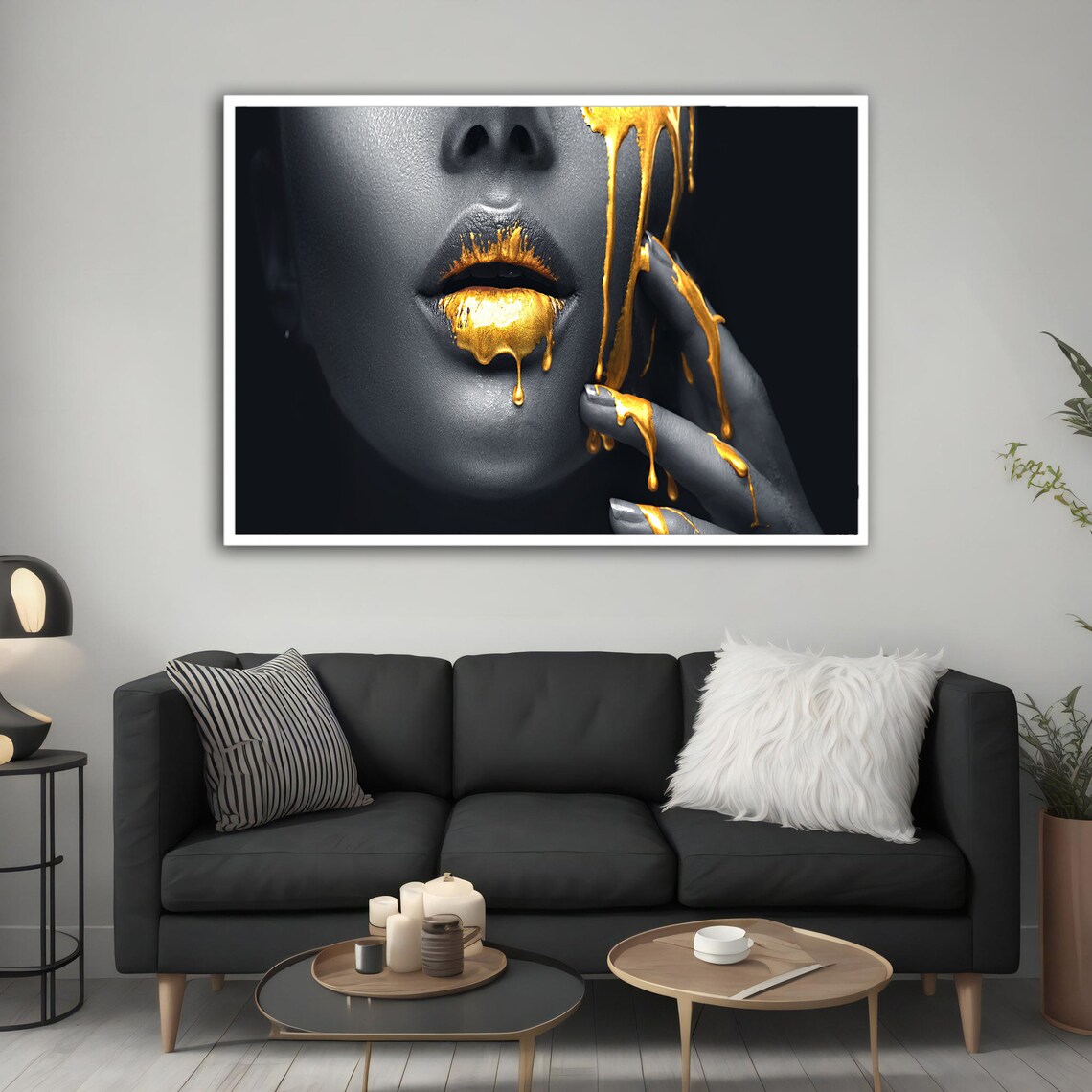Gold Dripping Lips Black White Portrait Luxury Fashion Wall Art Poster - Image 2