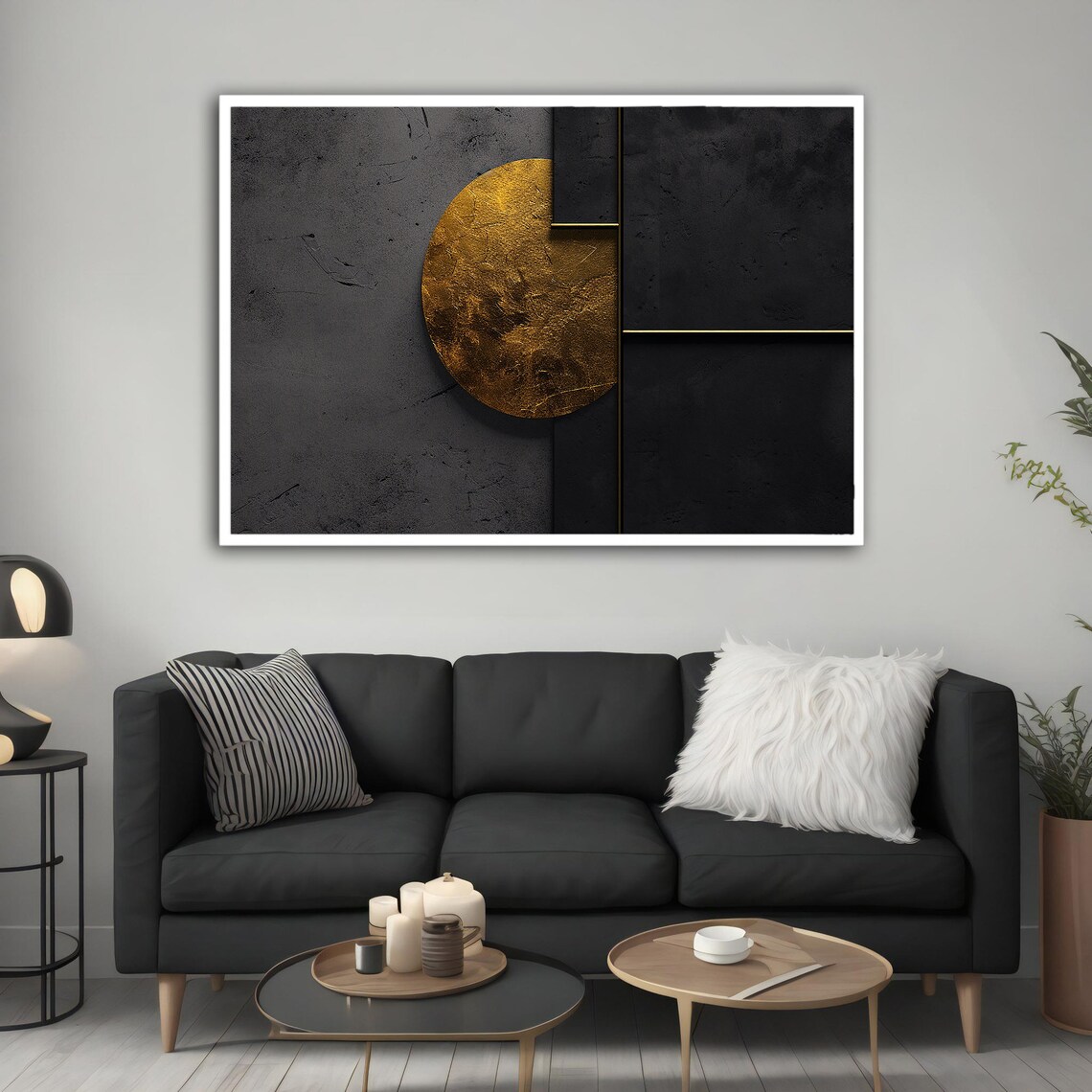 Gold Black Geometric Abstract Moon Circle Modern Painting Wall Poster - Image 2